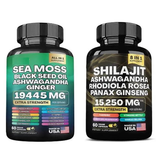 Shilajit Pure Himalayan 9000MG, Energy Booster 2000MG, Rhodiola Rosea 1000MG, Panax Ginseng 1500MG, Turmeric 500MG, Gingko Biloba 500MG, Stinging Nettle 250MG, Cordyceps Mushroom 500MG&Sea Moss Multivitamin .Shilajit Power Combo（2pcs）