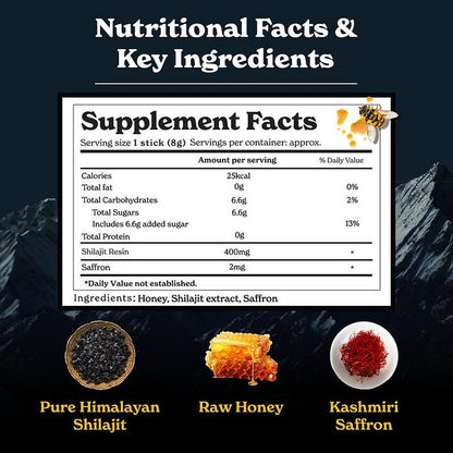 Pure Himalayan Shilajit Sticks with Organic Honey, Saffron | Easy to Consume Shilajit| 30 Sticks for Energy Boost & Immune Support, 85+ Trace Minerals, 75%+ Fulvic Acid